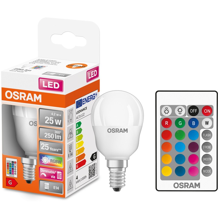 Osram Star P40 RGBW LED izzó, Távirányító, Dimmelhető, E14, 4.2W (25W), 250 lm, Fehér és színes fény
