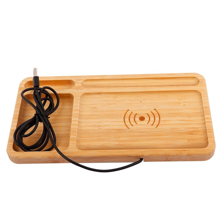 Incarcator din lemn bambus, tip charger wireless universal, compatibil cu Samsung, Apple iPhone, Huawei, Xiaomi