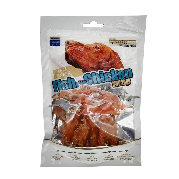 Recompense pentru caini, Magnum, peste invelit cu pui, 80 g