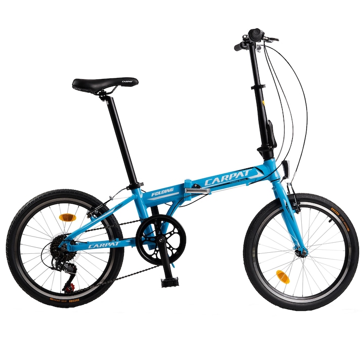 Алуминиев сгъваем велосипед с 20" колела, оборудване Saiguan, V-Brake, 7 скорости, син/бял, сгъваем килим за велосипед унисекс