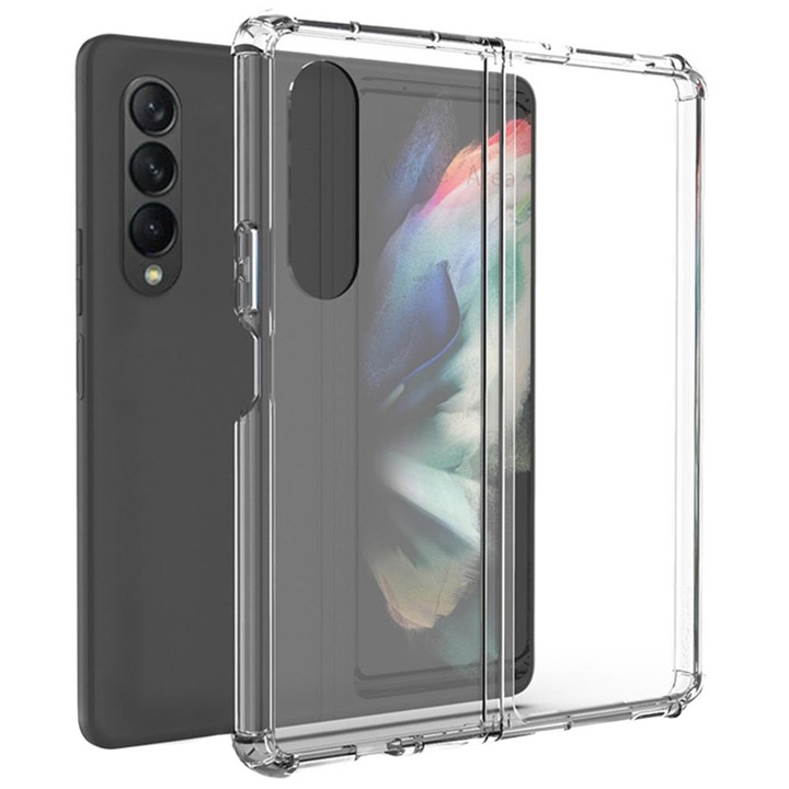 Husa protectie compatibila cu Samsung Galaxy Z Fold 3, Antisoc, Premium Quality, transparenta din silicon si policarbonat, 2 piese, ISAG