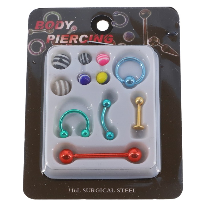 5 db-os piercing készlet, 6 db cseregömb, NO988, 1-3 cm, Multicolor