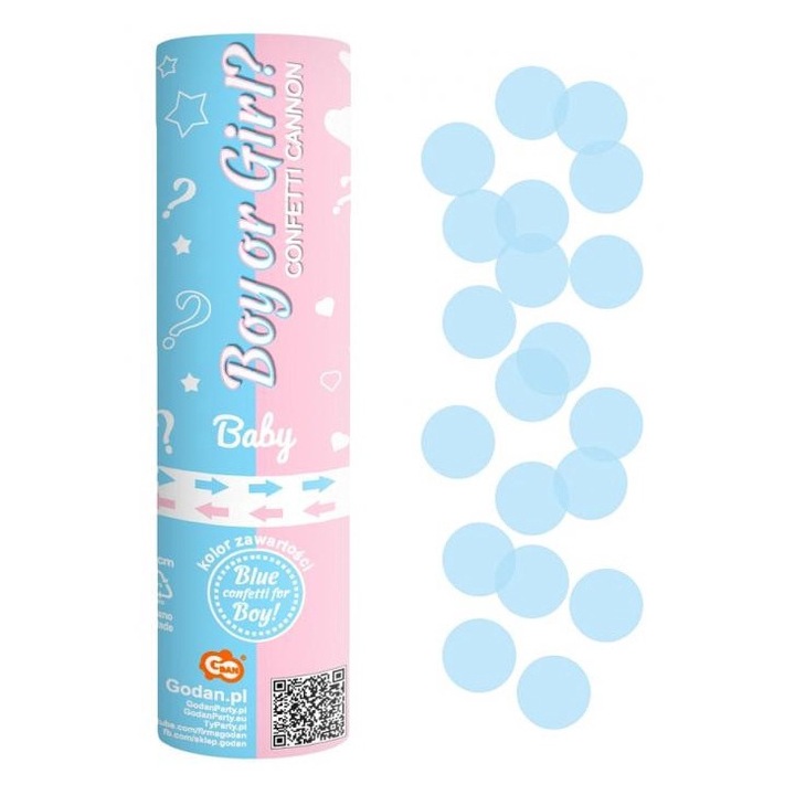Tun de confetti pentru petrecere 15 cm Boy or Girl Albastru
