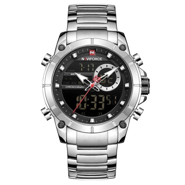 Мъжки часовник NaviForce Iridal, Неръждаема стомана, Хронограф, Двойно време, Сребрист