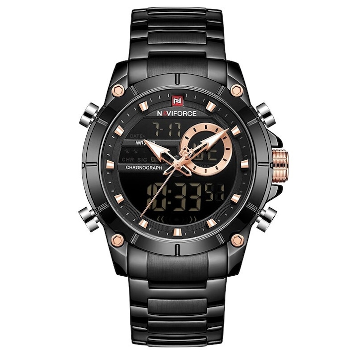 Мъжки часовник NaviForce Iridal, Неръждаема стомана, Хронограф, Двойно време, Черен
