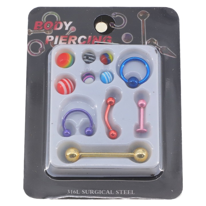 Комплект от 5 пиърсинга, 6 резервни топчета, NO991, 1 - 3 см, многоцветни