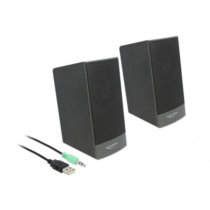 DeLock Stereo 2.0 PC Speaker with 3.5 mm stereo jack male and USB powered Black, 181888, Hangszóró