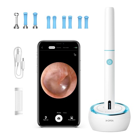 Otoscop smart, aparat pentru curatarea urechilor, camera 5MP Full HD si lumina LED, Wi-fi, accesorii incluse, kit de incarcare, impermeabil IP67, Alb