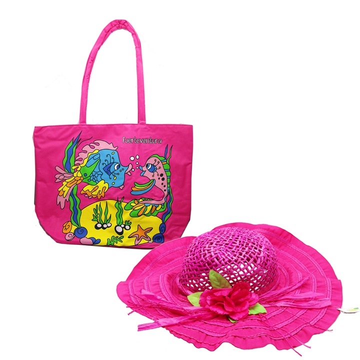 Комплект плажнa Чантa и шапка с периферия Jup 92066-2, Чанта 53x38x16cm, Шапка 45см, Розов