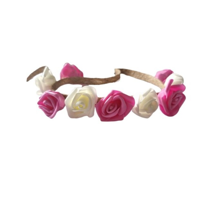 Лента за глава с 3D рози, 40 см, регулируема, розово/кремаво