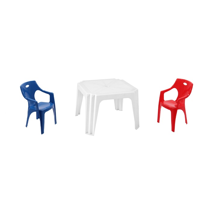 Set masa patrata Kids Family, 2 scaune colorate, de copii, plastic, 56 x 56 x 36 cm