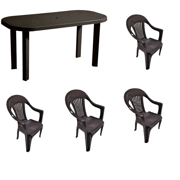 Set masa Family Ovala, 4 scaune pentru gradina, Capucino din plastic, 138 x 68 x 68 cm