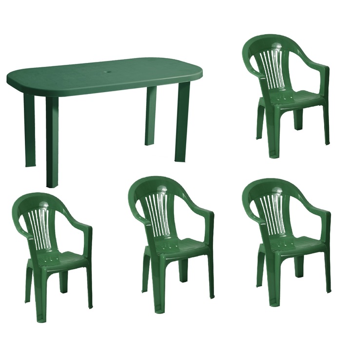 Set masa Family Ovala, 4 scaune pentru gradina, Verde, din plastic, 138 x 68 x 68 cm