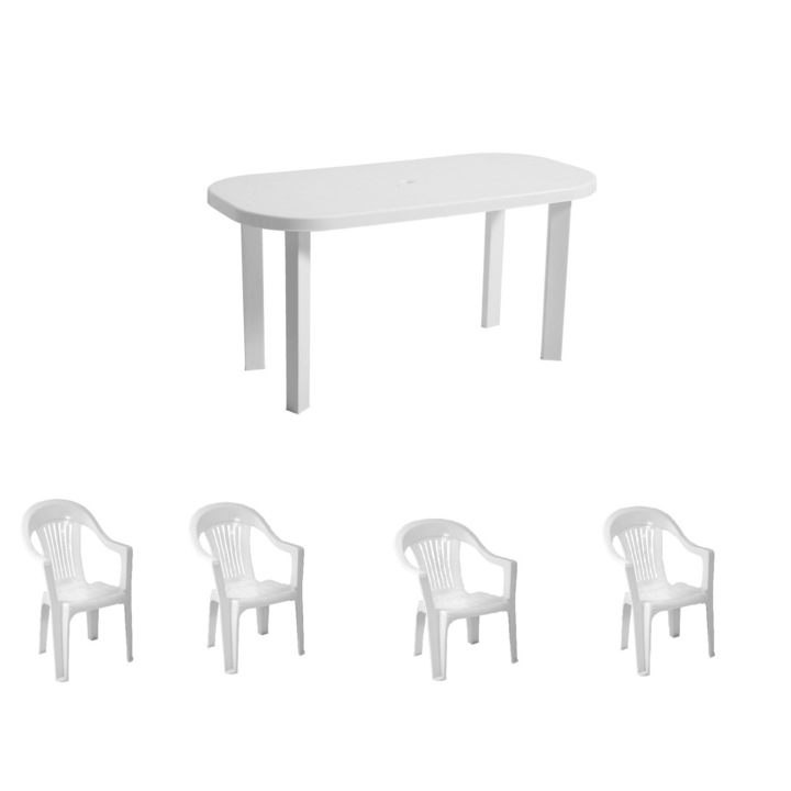 Set masa Family Ovala, 4 scaune, pentru gradina, Alba, din plastic, 138 x 68 x 68 cm