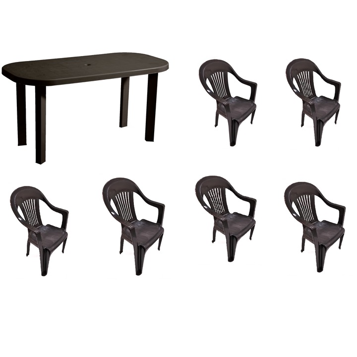 Set masa Family Ovala, 6 scaune, pentru gradina, Capucino, din plastic, 138 x 68 x 68 cm