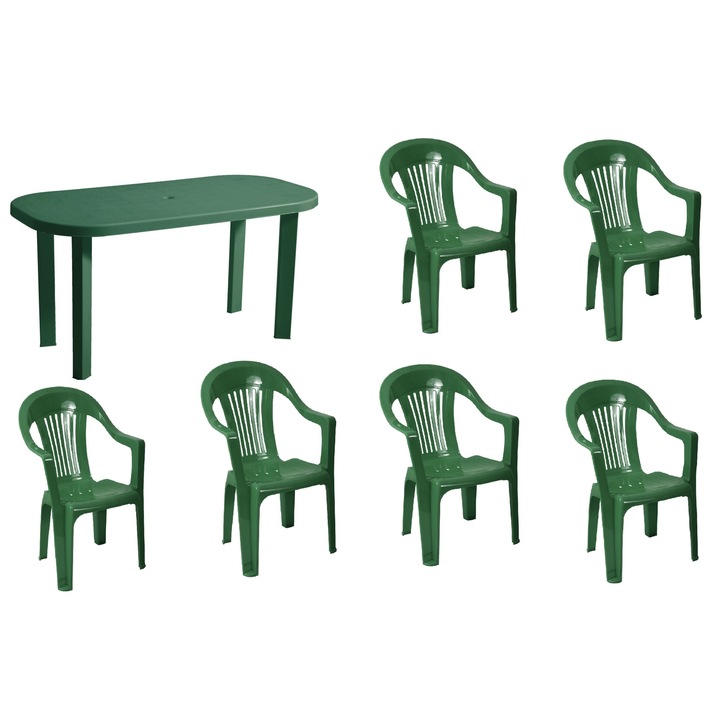 Set masa Family Ovala, 6 scaune, pentru gradina, Verde, din plastic, 138 x 68 x 68 cm