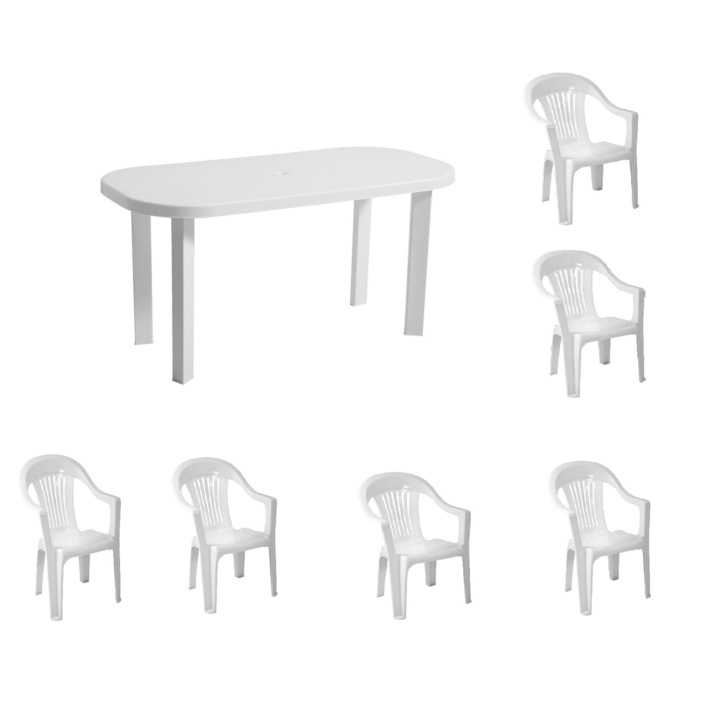 Set masa Family Ovala, 6 scaune, pentru gradina, Alba, din plastic, 138 x 68 x 68 cm