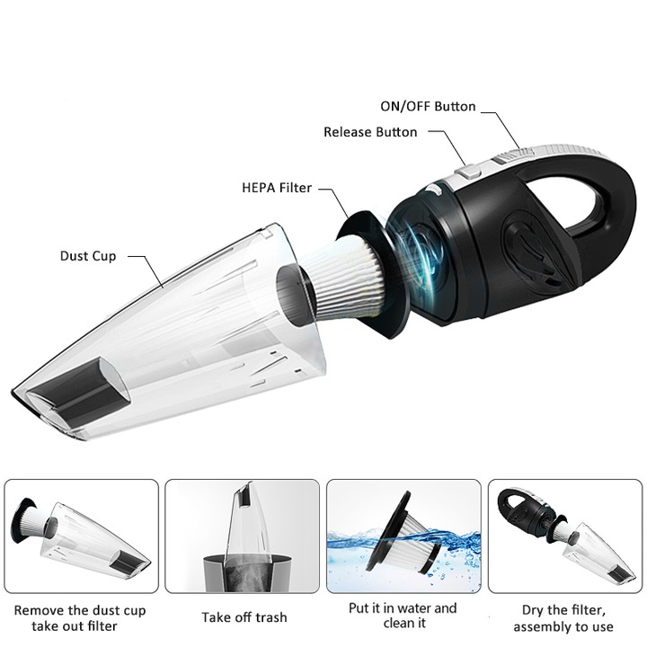 Aspirator cu acumulator, incarcare USB, acumulator inclus + Accesorii