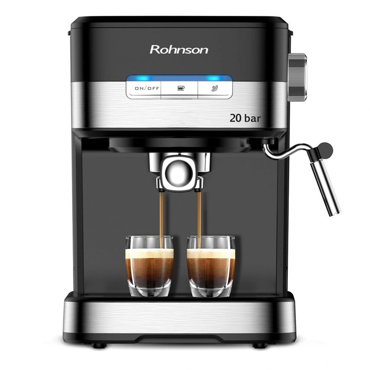 Кафемашина за еспресо Rohnson R-990, За мляно кафе и капсули, 20 бара, 850W, Черен/Инокс