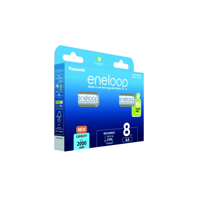 Батерии Panasonic Eneloop BK-3MCDE/8BE, 2100 цикъла, 2000mAh, R6 AA, Блистер с 8