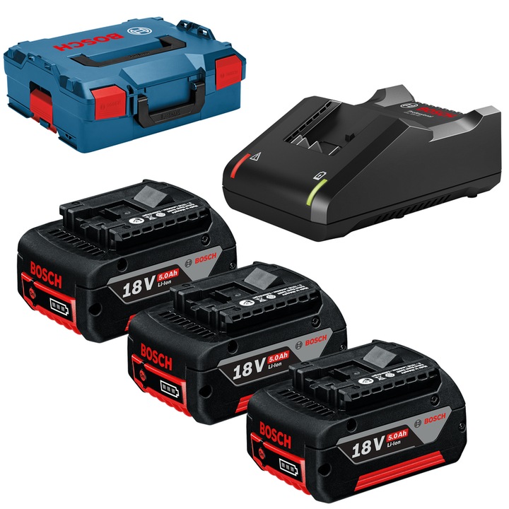 Комплект от 3 батерии, зарядно и транспортна чанта BOSCH, GAL 18V-40, 3 x GBA 18V/5.0Ah