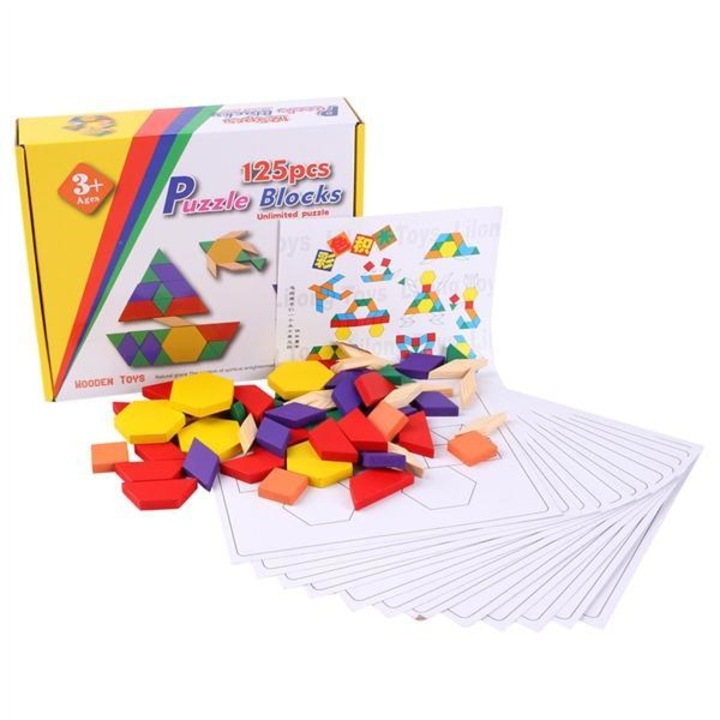 Joc tangram din lemn eco, Montessori, puzzle 125 piese geometrice, SARALMA®