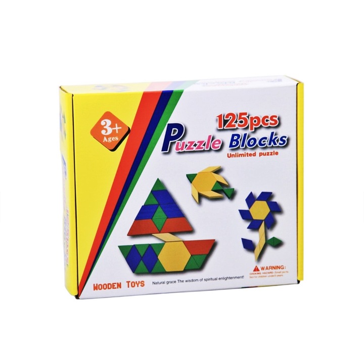 Joc tangram din lemn eco pentru copii, Montessori puzzle 125 piese geometrice, joc educativ