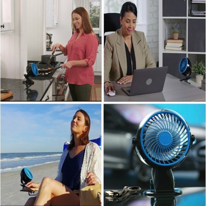 Преносим вентилатор, С щипка, 360° въртене, Акумулаторен, Мини