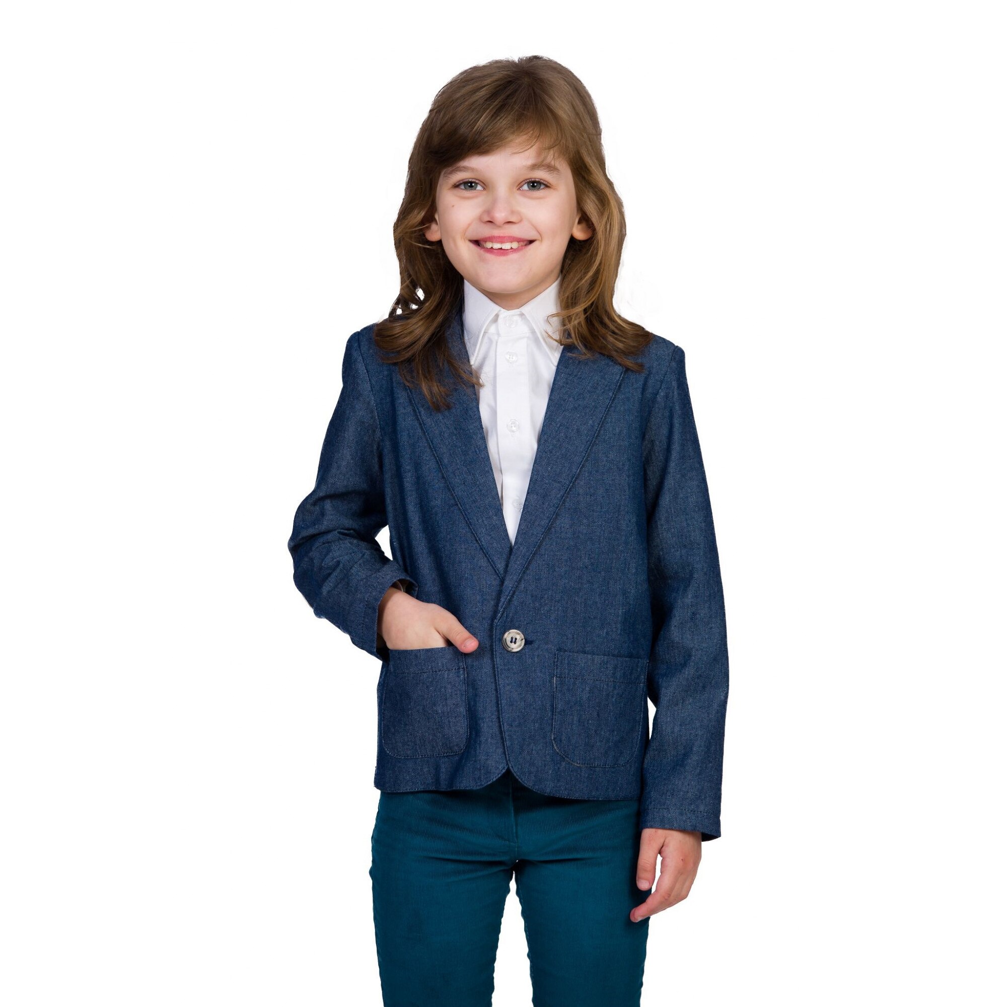 Sacou denim BE YOU cu cotiere camel, Denim, 146-152 CM