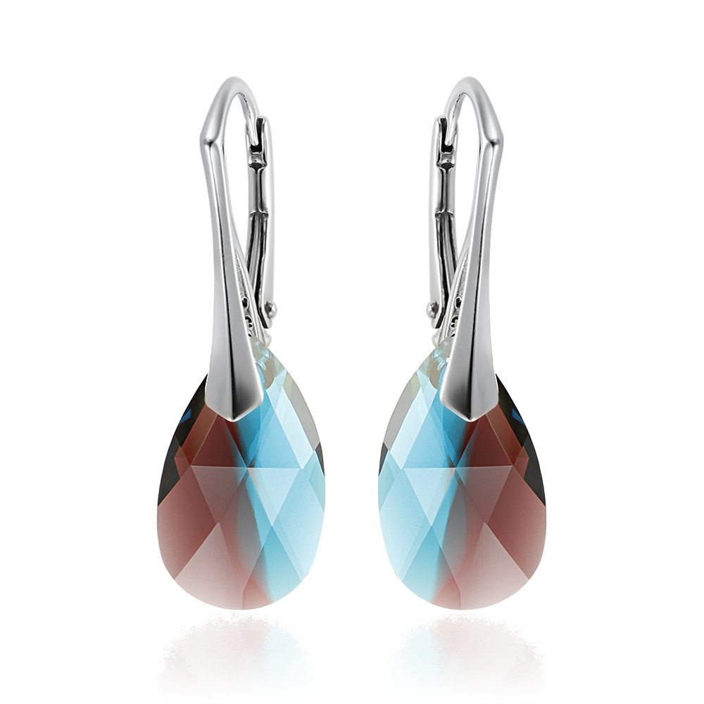 Cercei Argint 925 placat cu rodiu cu cristale Swarovski® Pear Burgundy - Blue Zircon 16 mm Leverback