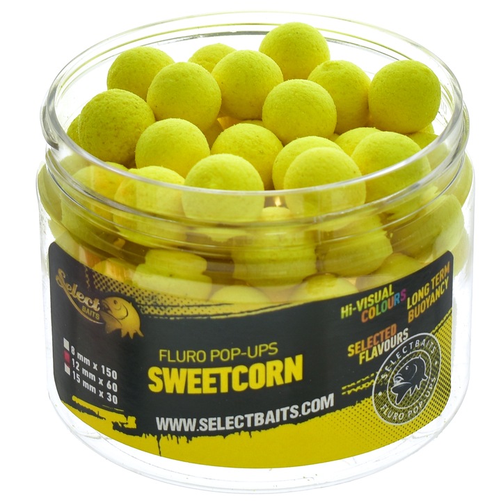 Select Baits Pop Up csali, Csemegekukorica ízű, 15mm, Sárga szín, 30 db