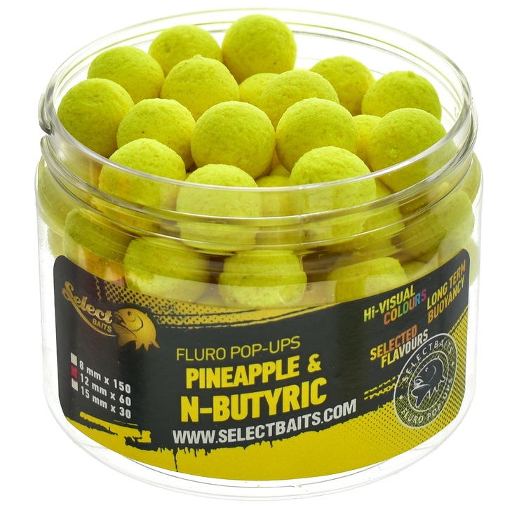 Pop Up Select Baits, Ananász és N-vaj ízű, 15mm, Sárga szín, 30 db