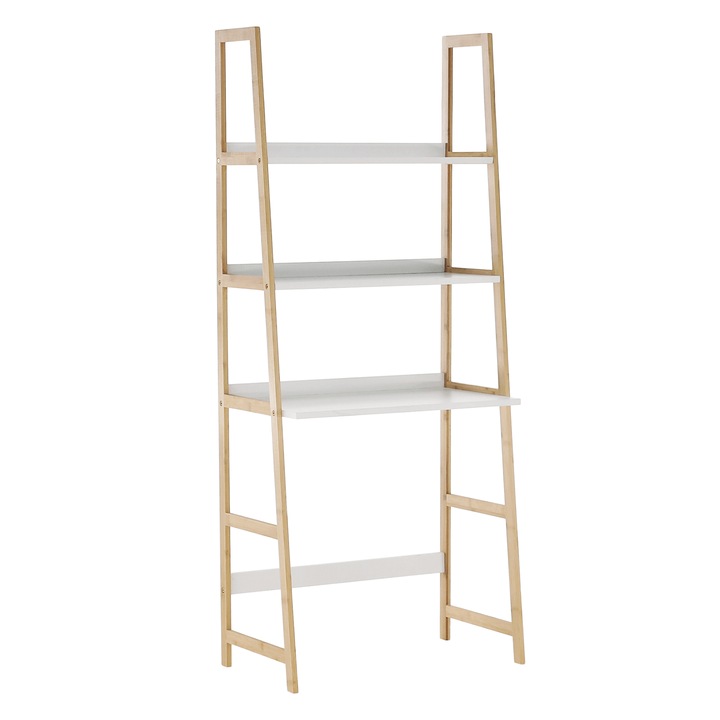 Etajera DacEnergy©, realizata din MDF si bambus lacuit, multifunctionala, practica, 63x149x36 cm, 3 rafturi, spatiu pentru scaun, finisaj alb si natur