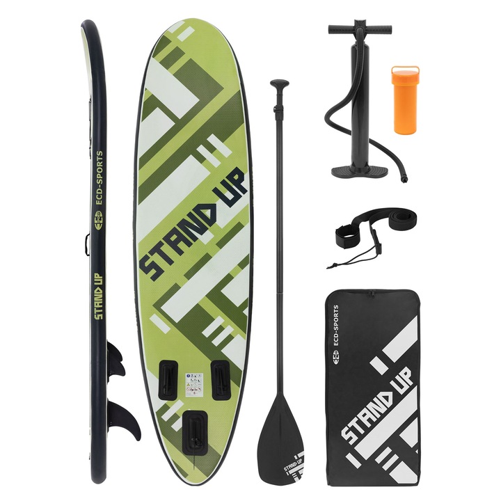 Set paddleboarding, ECD Germany, placa gonflabila pliabila, 308 x 78 x 10 cm, PVC/EVA, verde-masliniu, accesorii incluse