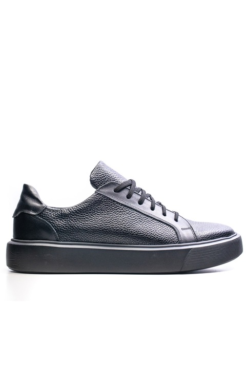 Pantofi sport de piele, cusuti, presaj bizonat, Negru, Leather District