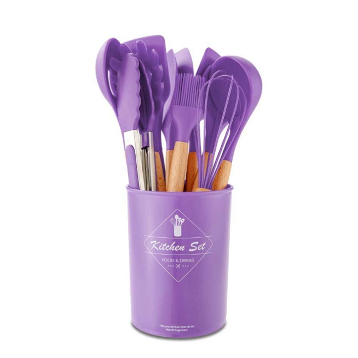 Set 12 ustensile de bucatarie Tiessa din silicon termorezistent si maner din lemn natural, mov