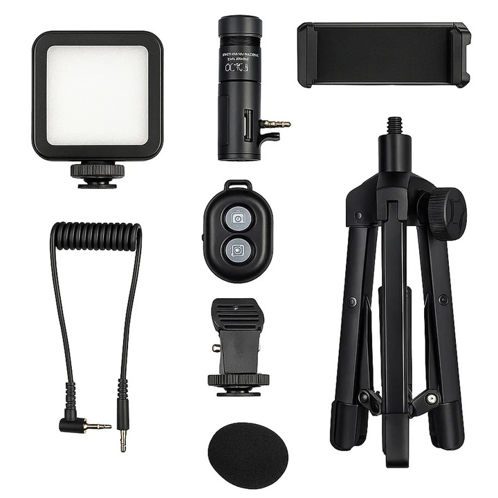 Kit de vlogging pentru filmari video Youtube, TikTok, cu trepied, microfon, panou LED, telecomanda bluetooth, suport reglabil telefon, compatibil cu aparat foto/smartphone