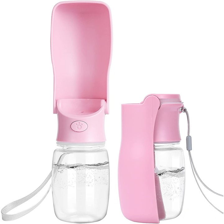 Sticla de apa portabila, pentru caini si pisici, 350 ml, Addachic, Roz