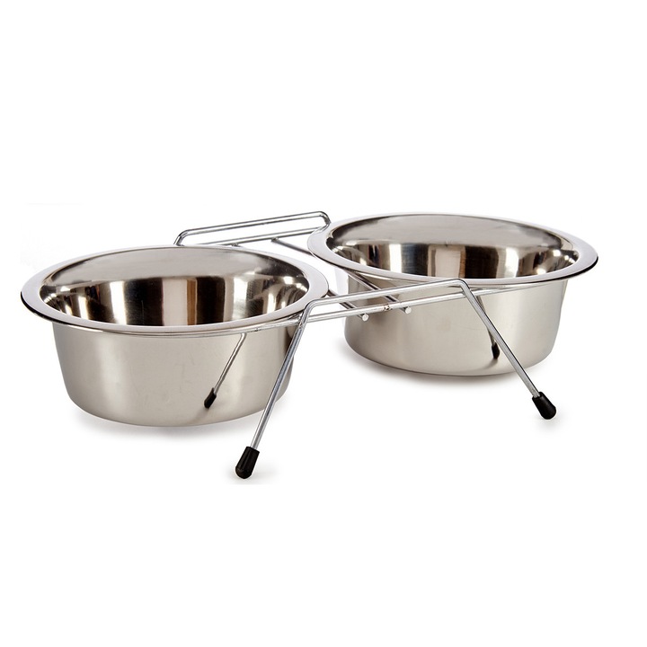 2 db-os szett állatoknak tartóval, Rozsdamentes acél, 800 ml, 34,5 x 16,3 x 8 cm, Ezüst