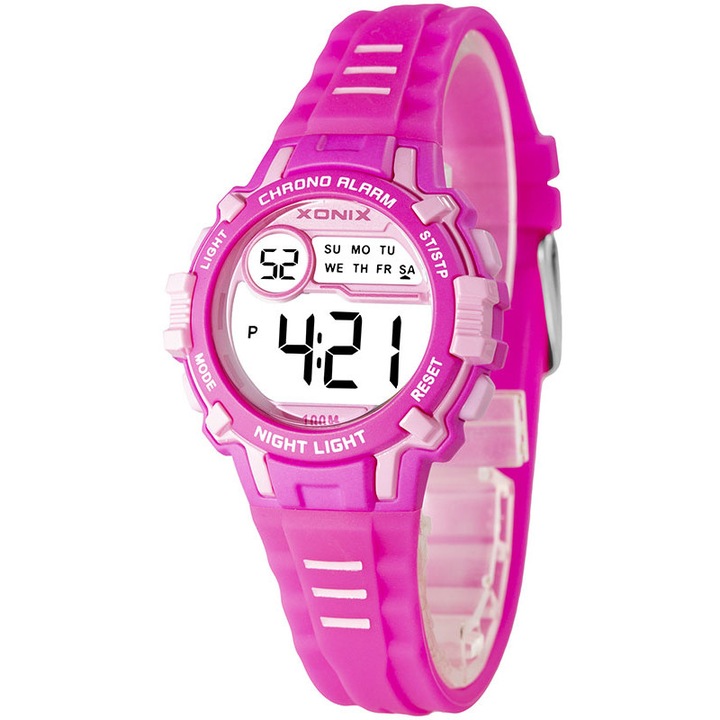 Ceas digital Xonix, pentru copii, data, alarma, cronometru, rezistenta la apa 10 ATM, Roz