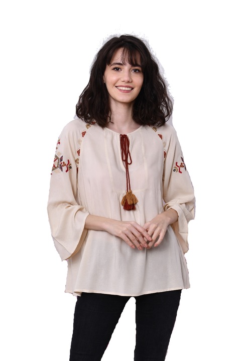 Bluza bej din vascoza cu broderie colorata, Bej