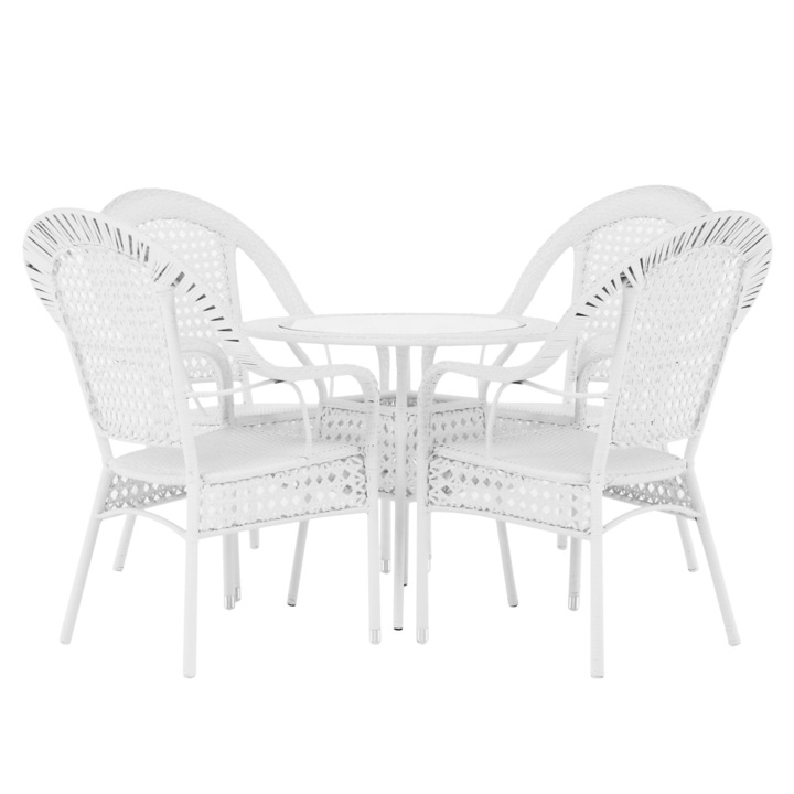 Set mobilier gradina DacEnergy©, fabricat din ratan sintetic si otel, masa rotunda si 4 scaune, fixa, alb