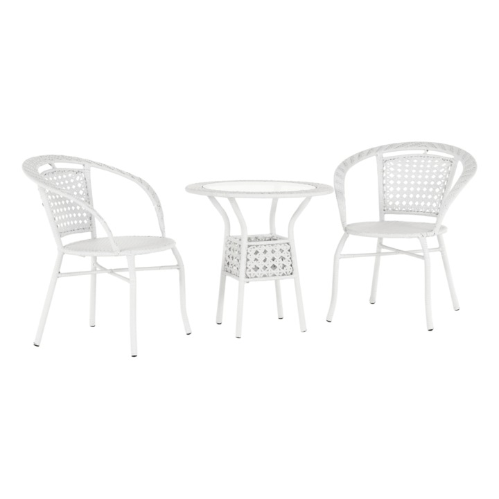 Set mobilier gradina DacEnergy©, fabricat din ratan sintetic si otel, masa rotunda si 2 scaune, fixa, 63 x 58 cm, alb