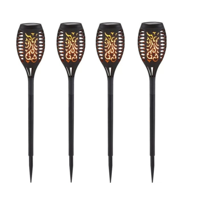 Set 4 Lampi solare design flacara pentru gradina, 12 LED, 7x51 cm, Negru