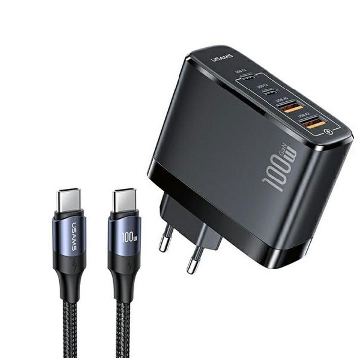 Мрежово зарядно Usams T44, Fast Charging, 100W GAN, 2xUSB, 2xPD, USB-C Към USB-C Кабел, Black