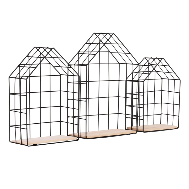 Комплект 3 висящи рафта естествено дърво метал черен Azuri 26x12.5x40 см, 23x12x35 см, 20x11.5x30 см