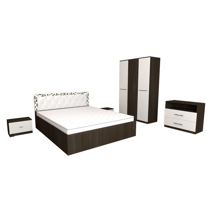 Dormitor Royal Wenge cu Comoda Tv Wenge Alb 83x42x71 cm, Dulap 3 usi Wenge Alb 123x192x48 cm, Pat Matrimonial Wenge Alb 140x200 cm si Noptiere Wenge Alb 44x32x23 cm