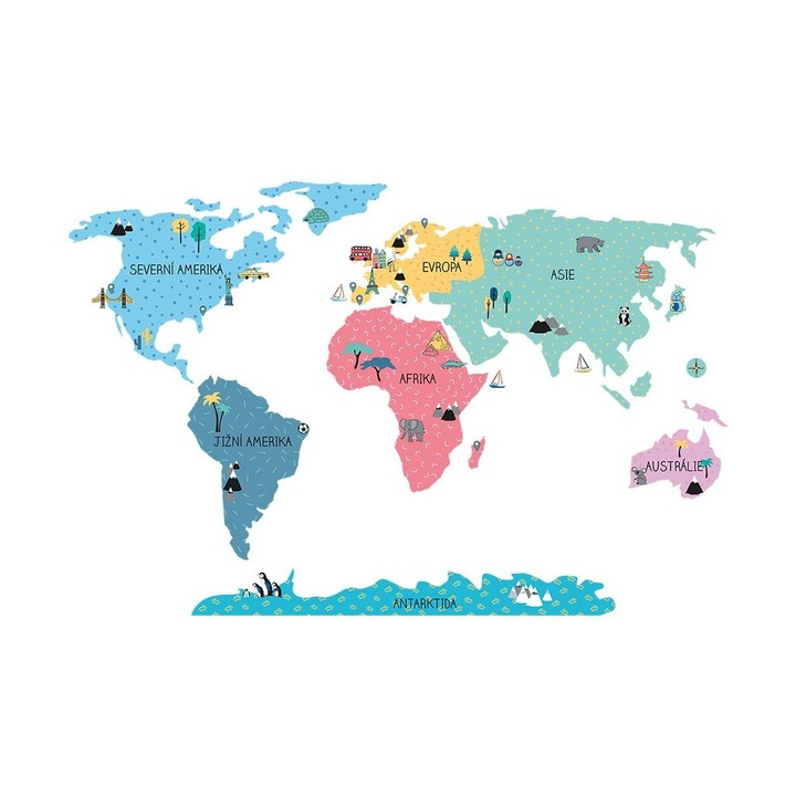 Többszínű világtérkép falmatrica készlet