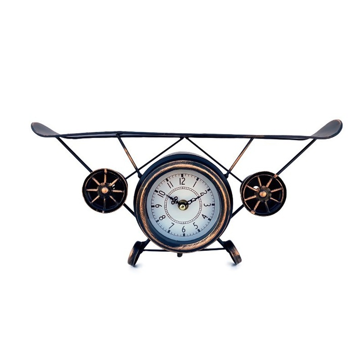 Ceas metalic, de perete, in forma de avion cu doua motoare, negru, 40x17 cm