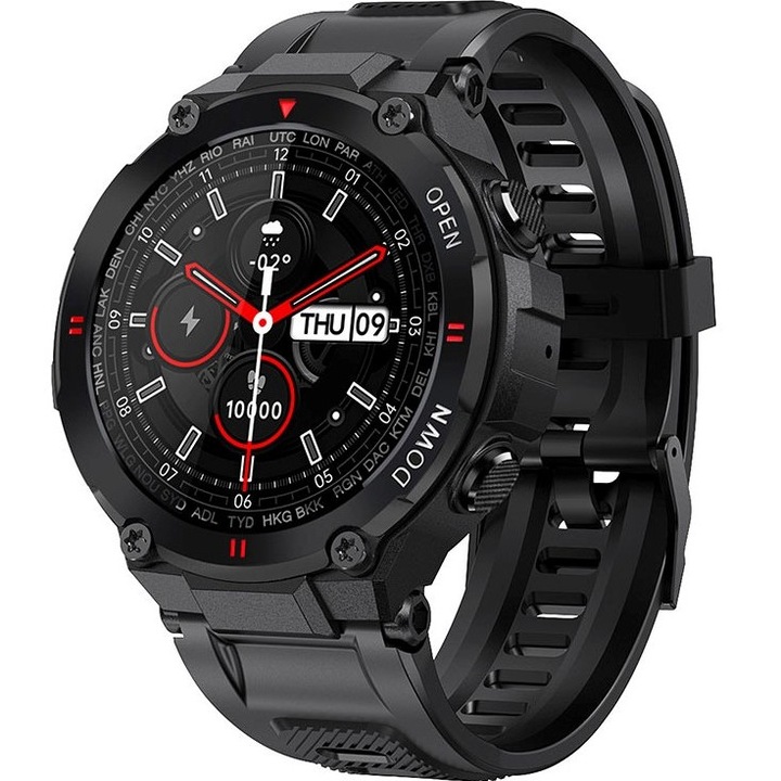 Ceas smartwatch pentru barbati, GO4FIT® , model GK22, rezistent la apa IP67, Notificari Apeluri/Sms/Social Media, monitorizare activitati fizice, somn, ritm cardiac, pedometru, rezistent la apa, negru